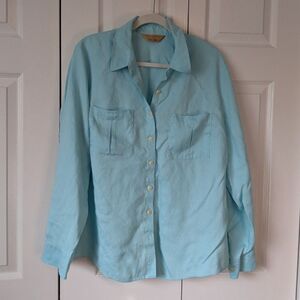 Investments Gold Label Lightweight Lagenlook Button Down Top 100% Hemp Blue XL